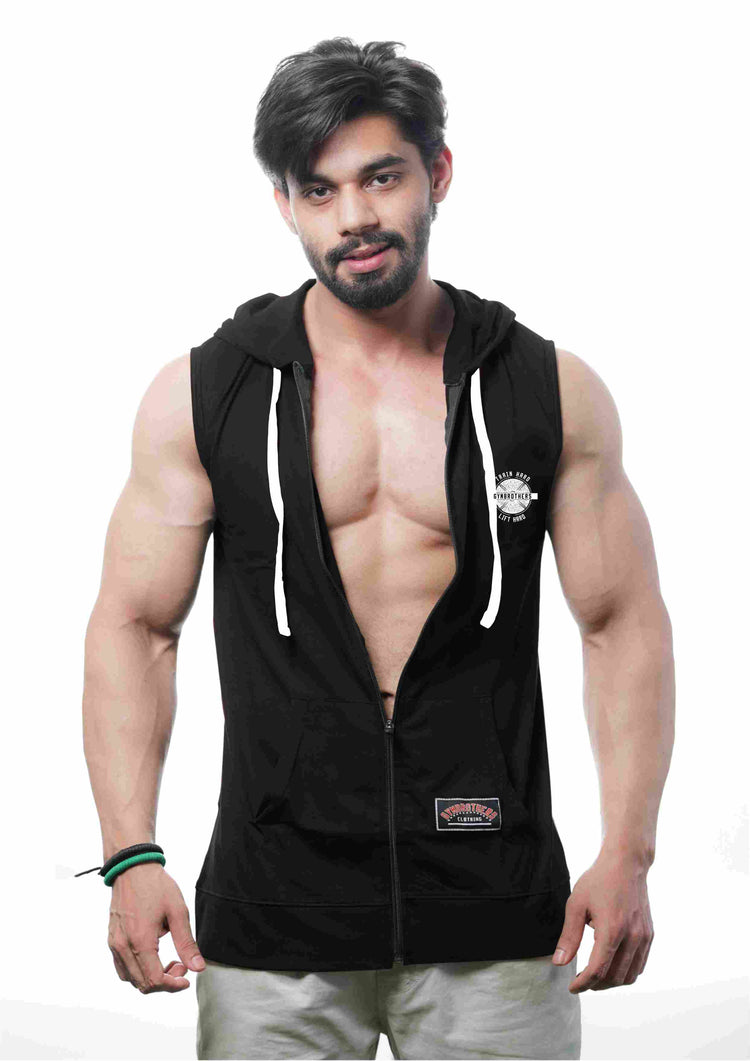 TRAIN HARD Men's Sleeveless Zip Hoodie (BLACK)